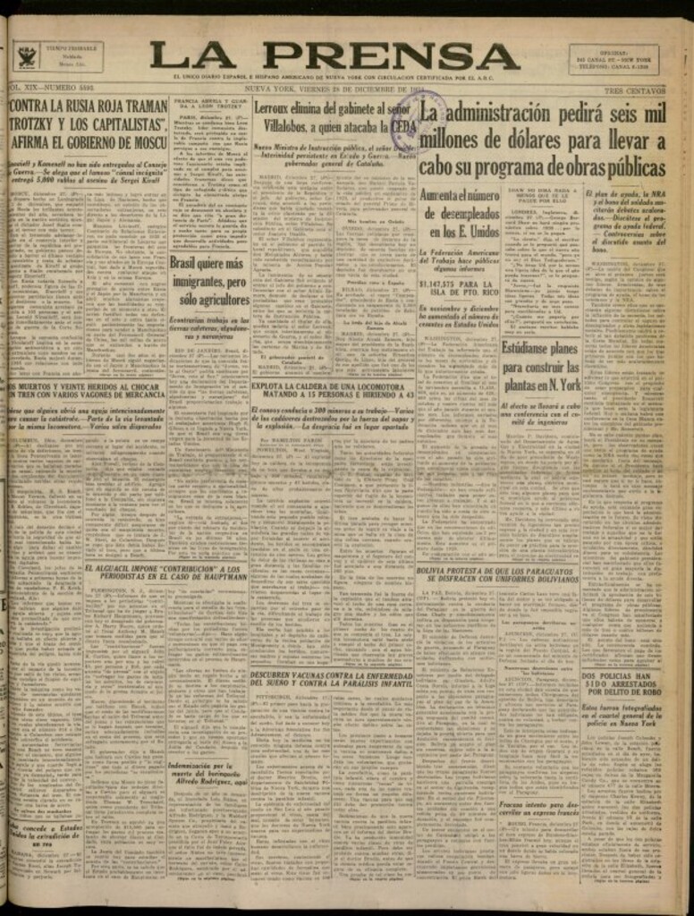 Miniatura de La Prensa: único diario español e hispano americano en Nueva York del 28 de diciembre de 1934, nº 5593