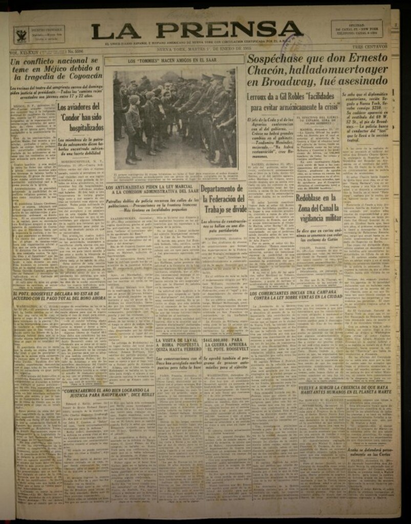 Miniatura de La Prensa: único diario español e hispano americano en Nueva York del 1 de enero de 1935, nº 5596
