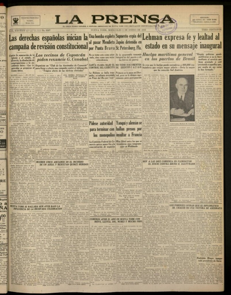Miniatura de La Prensa: único diario español e hispano americano en Nueva York del 2 de enero de 1935, nº 5597