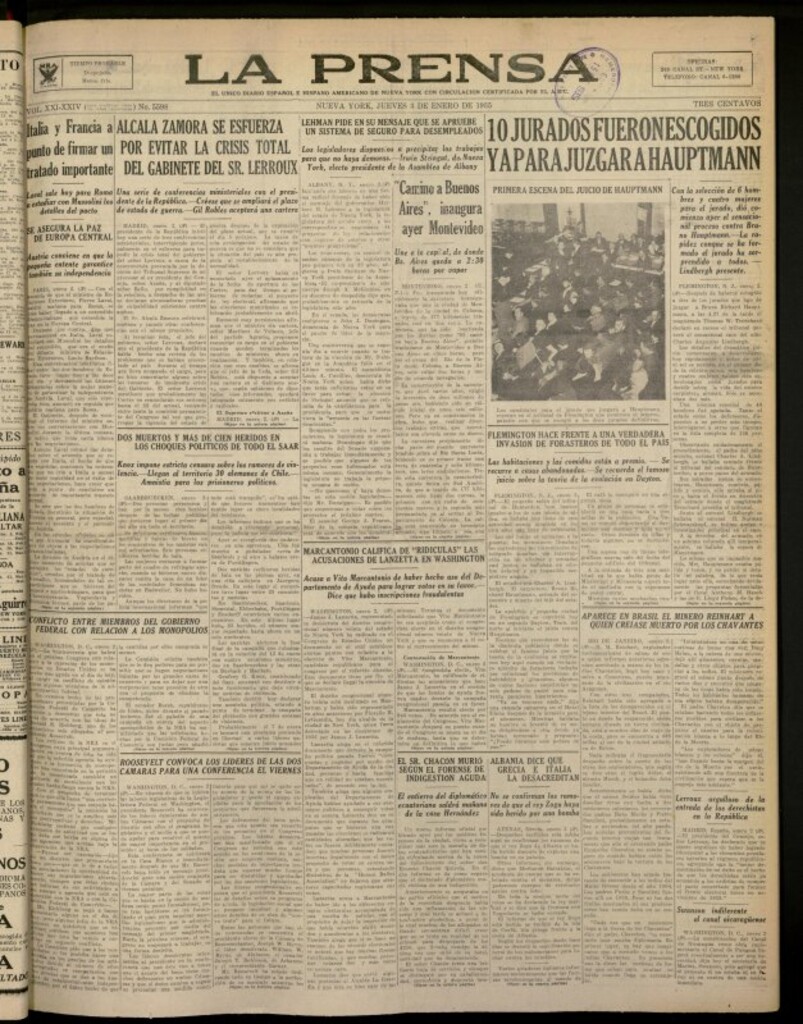 Miniatura de La Prensa: único diario español e hispano americano en Nueva York del 3 de enero de 1935, nº 5598