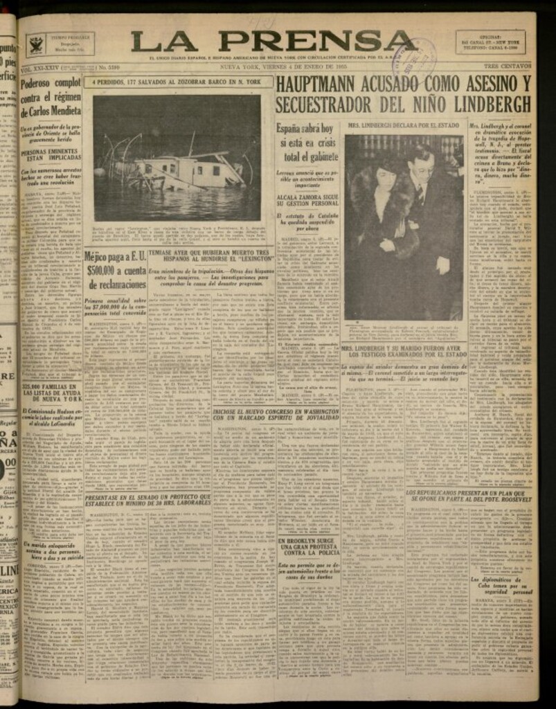 Miniatura de La Prensa: único diario español e hispano americano en Nueva York del 4 de enero de 1935, nº 5599