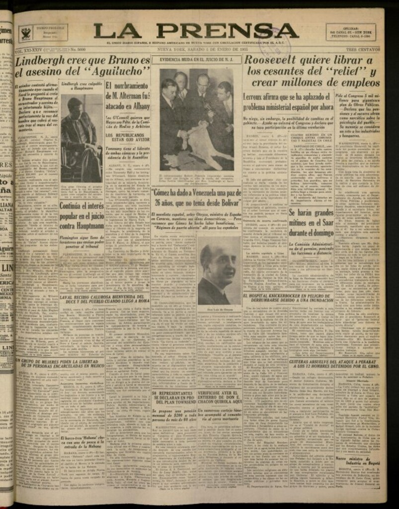 Miniatura de La Prensa: único diario español e hispano americano en Nueva York del 5 de enero de 1935, nº 5600