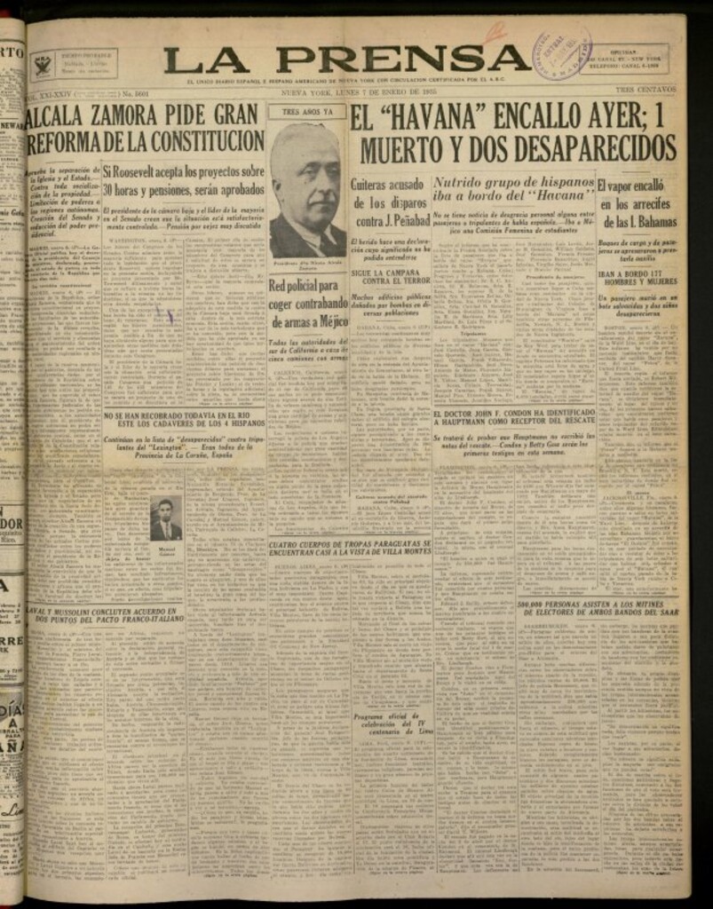 Miniatura de La Prensa: único diario español e hispano americano en Nueva York del 7 de enero de 1935, nº 5601