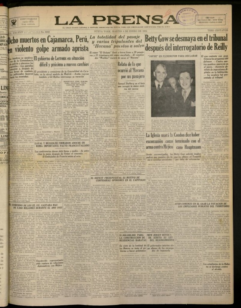 Miniatura de La Prensa: único diario español e hispano americano en Nueva York del 8 de enero de 1935, nº 5602