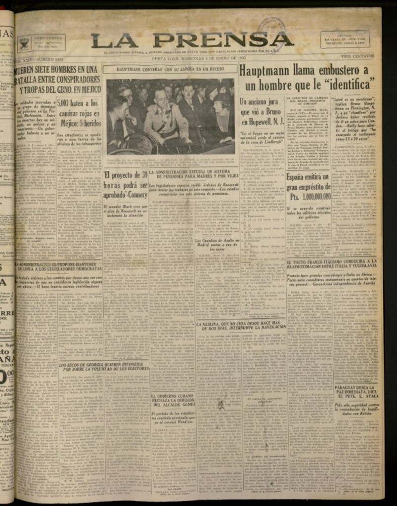 Miniatura de La Prensa: único diario español e hispano americano en Nueva York del 9 de enero de 1935, nº 5603