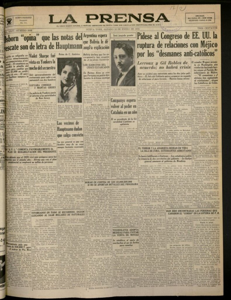 Miniatura de La Prensa: único diario español e hispano americano en Nueva York del 12 de enero de 1935, nº 5606