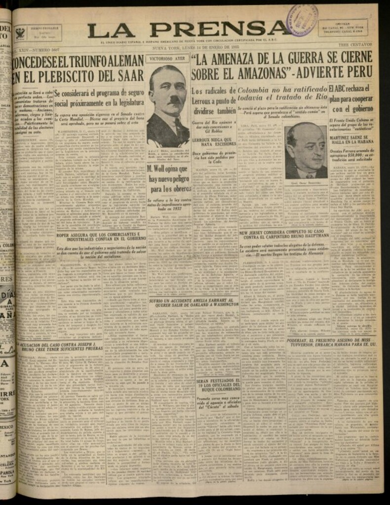 Miniatura de La Prensa: único diario español e hispano americano en Nueva York del 14 de enero de 1935, nº 5607