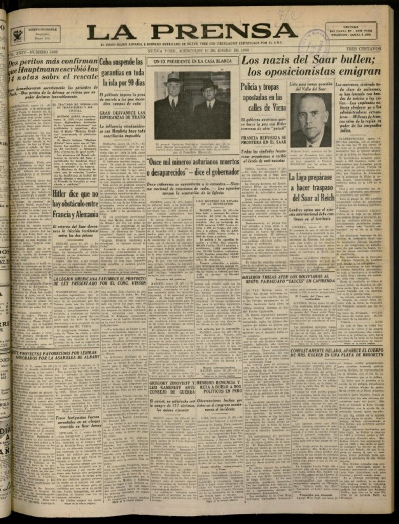 Miniatura de La Prensa: único diario español e hispano americano en Nueva York del 16 de enero de 1935, nº 5609