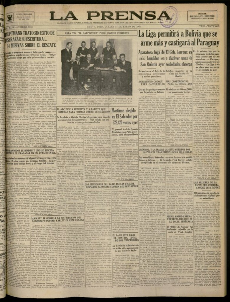Miniatura de La Prensa: único diario español e hispano americano en Nueva York del 17 de enero de 1935, nº 5610