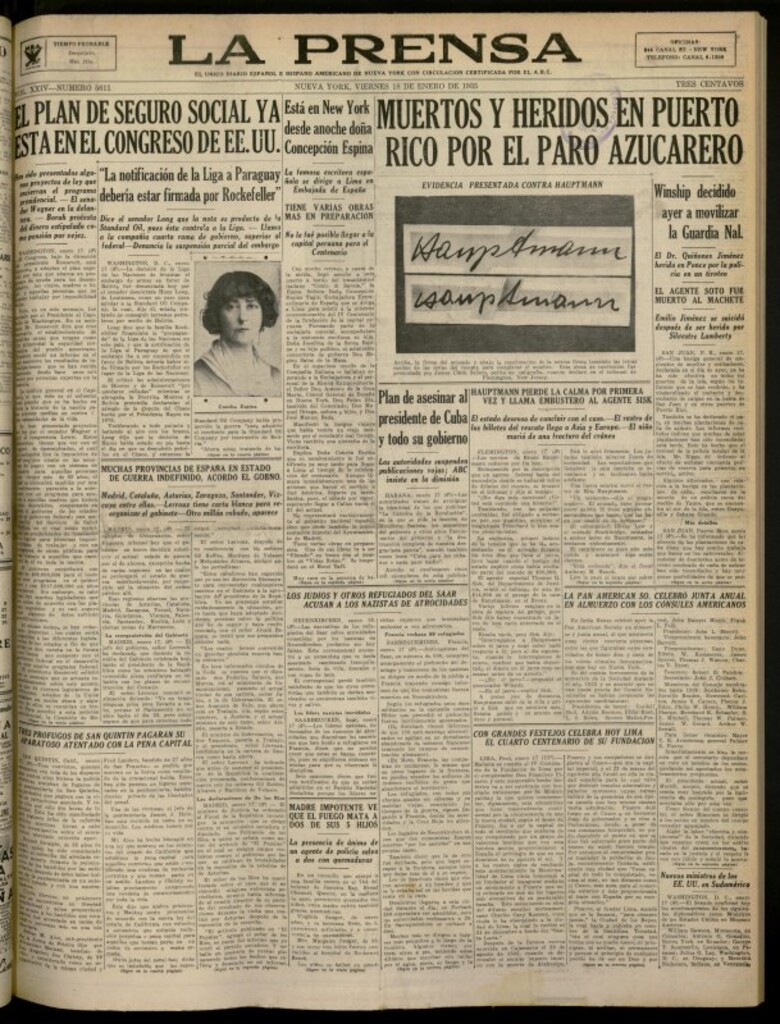 Miniatura de La Prensa: único diario español e hispano americano en Nueva York del 18 de enero de 1935, nº 5611
