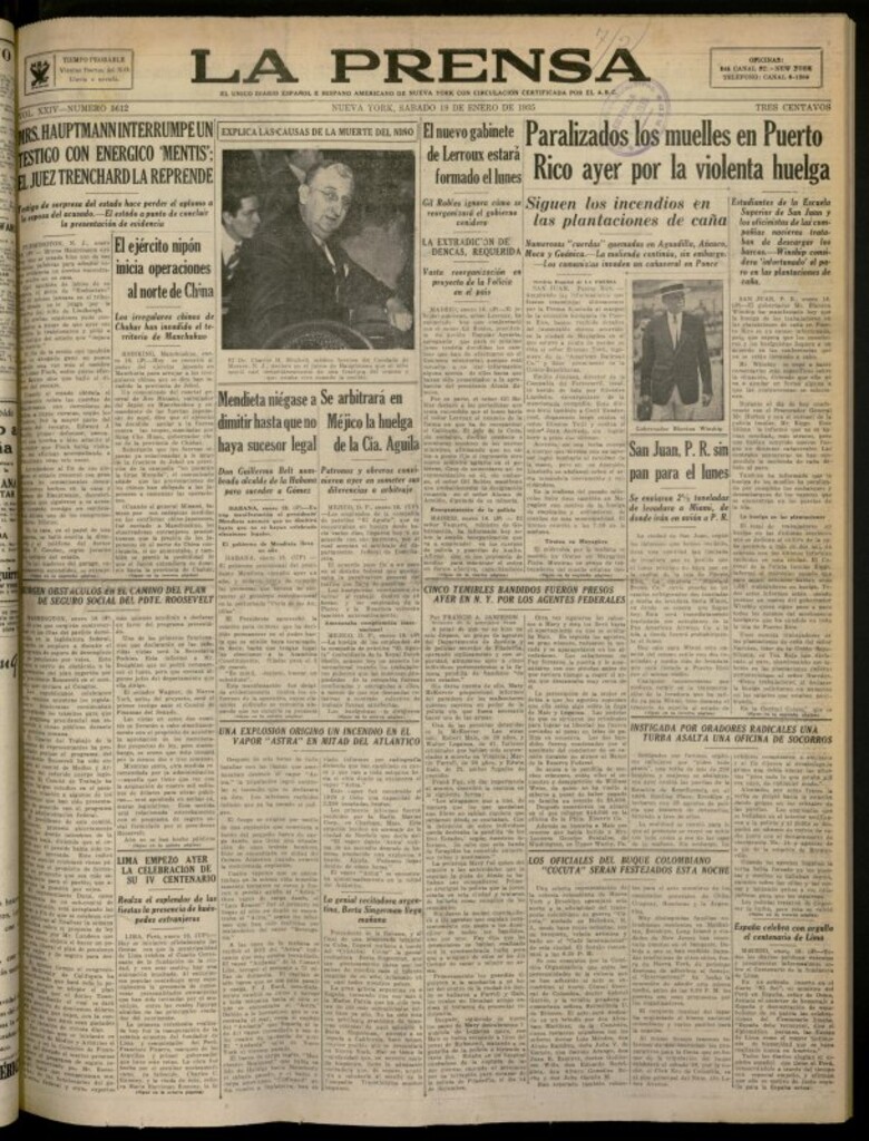 Miniatura de La Prensa: único diario español e hispano americano en Nueva York del 19 de enero de 1935, nº 5612