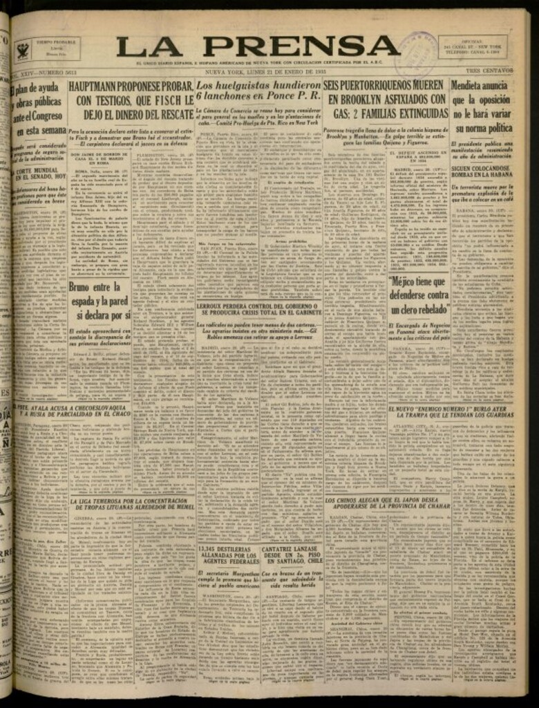 Miniatura de La Prensa: único diario español e hispano americano en Nueva York del 21 de enero de 1935, nº 5613