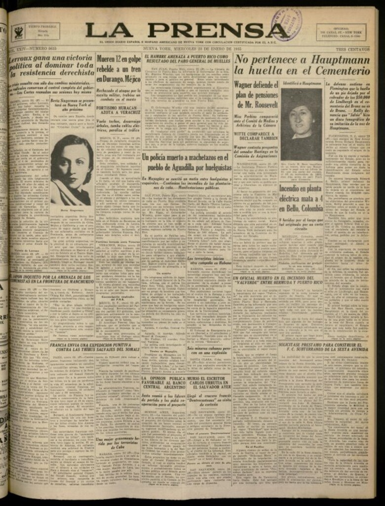 Miniatura de La Prensa: único diario español e hispano americano en Nueva York del 23 de enero de 1935, nº 5615