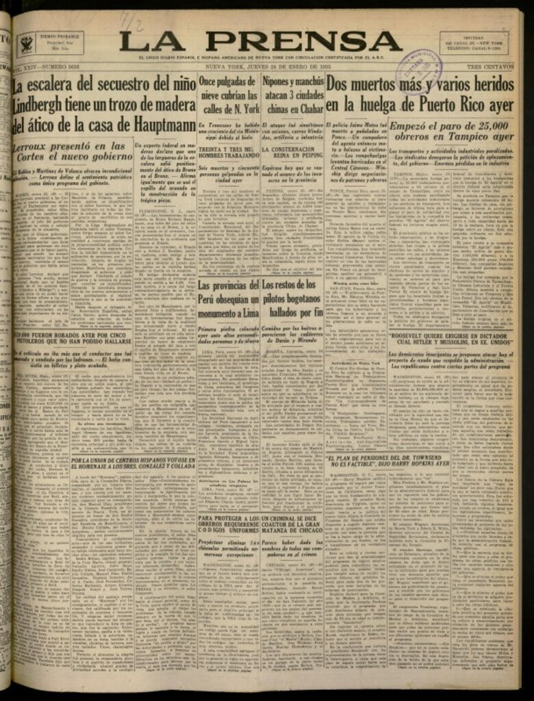 Miniatura de La Prensa: único diario español e hispano americano en Nueva York del 24 de enero de 1935, nº 5616