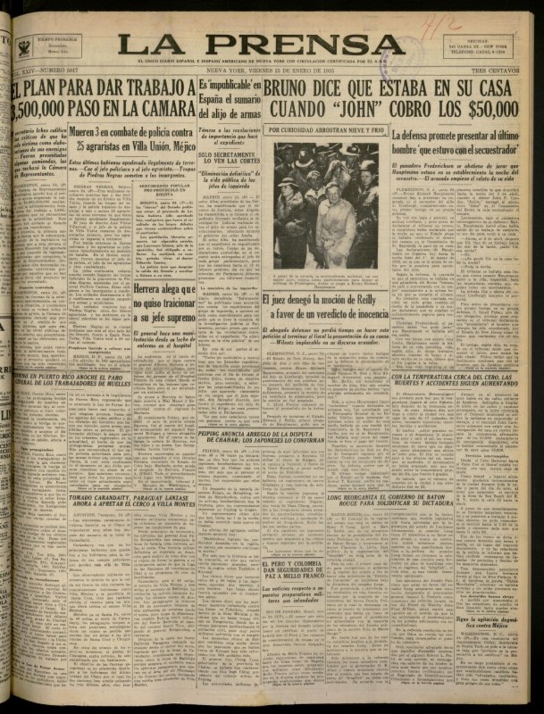 Miniatura de La Prensa: único diario español e hispano americano en Nueva York del 25 de enero de 1935, nº 5617