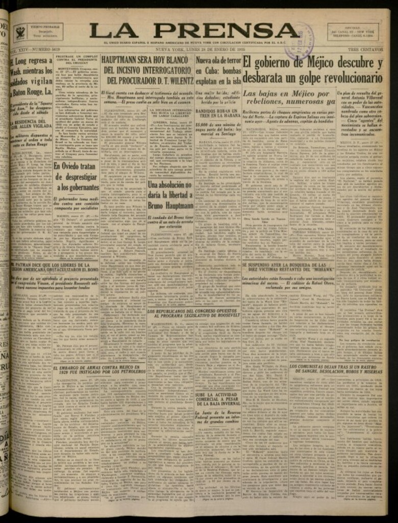 Miniatura de La Prensa: único diario español e hispano americano en Nueva York del 28 de enero de 1935, nº 5619