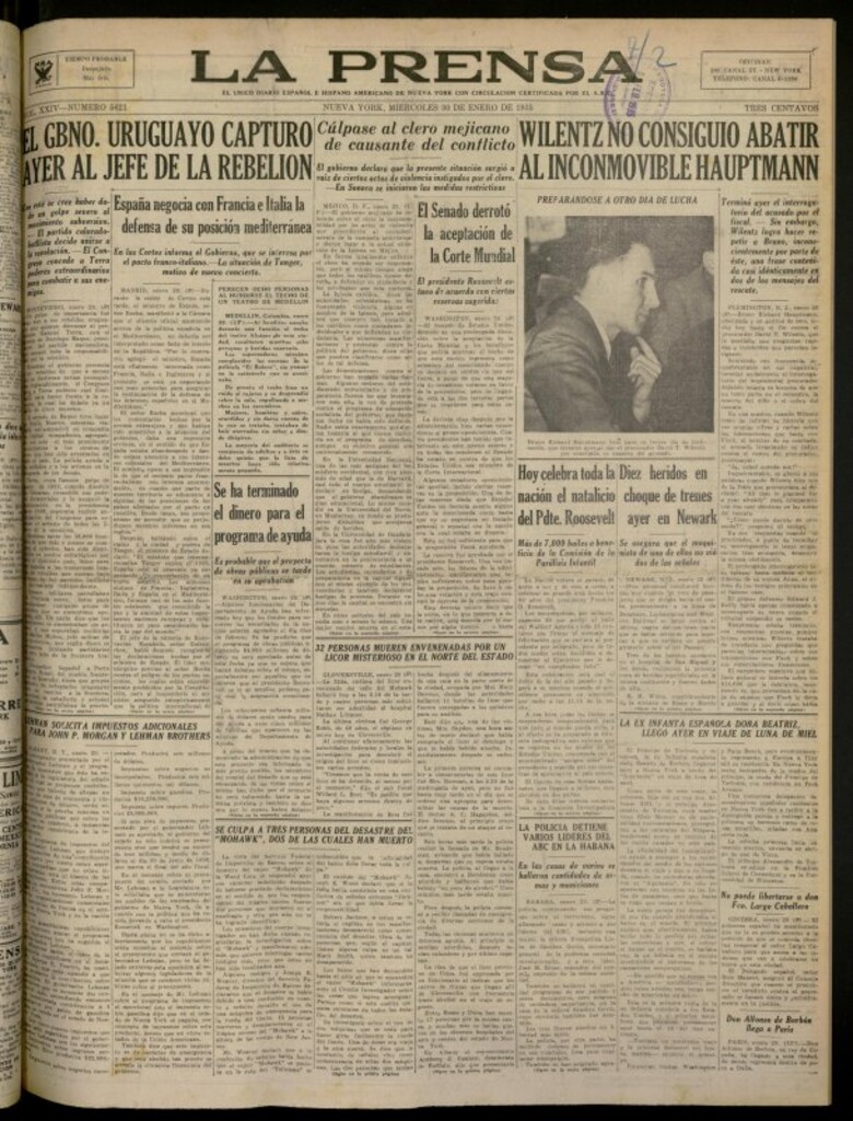 Miniatura de La Prensa: único diario español e hispano americano en Nueva York del 30 de enero de 1935, nº 5621