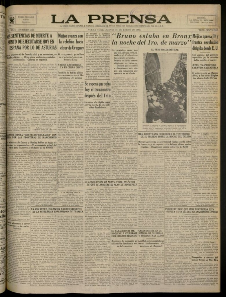 Miniatura de La Prensa: único diario español e hispano americano en Nueva York del 31 de enero de 1935, nº 5622