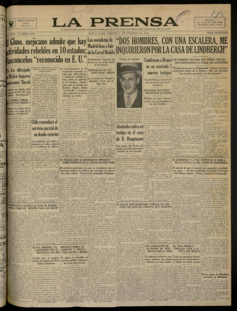 Miniatura de La Prensa: único diario español e hispano americano en Nueva York del 1 de febrero de 1935, nº 5523 [sic]