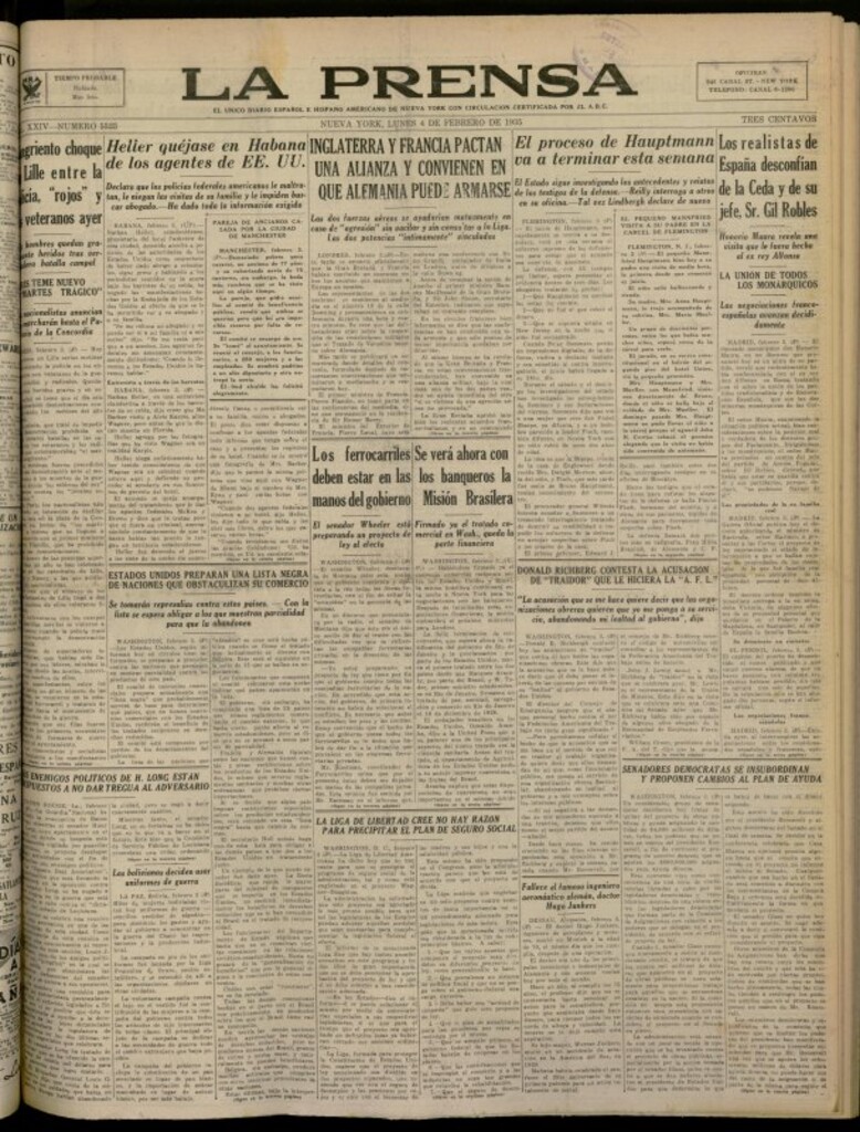 Miniatura de La Prensa: único diario español e hispano americano en Nueva York del 4 de febrero de 1935, nº 5525 [sic]