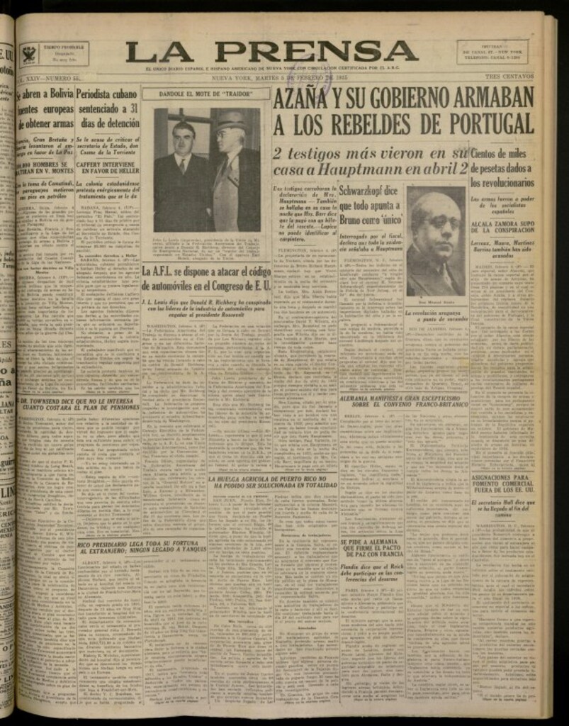 Miniatura de La Prensa: único diario español e hispano americano en Nueva York del 5 de febrero de 1935, nº 5526 [sic]