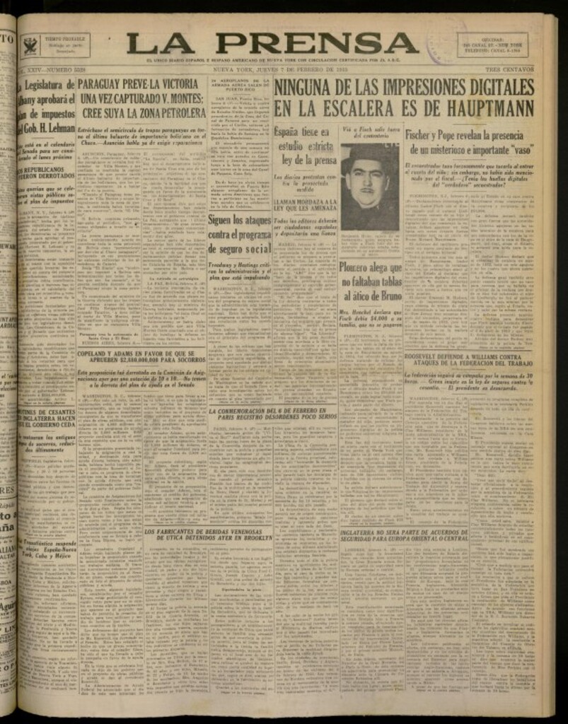 Miniatura de La Prensa: único diario español e hispano americano en Nueva York del 7 de febrero de 1935, nº 5528 [sic]