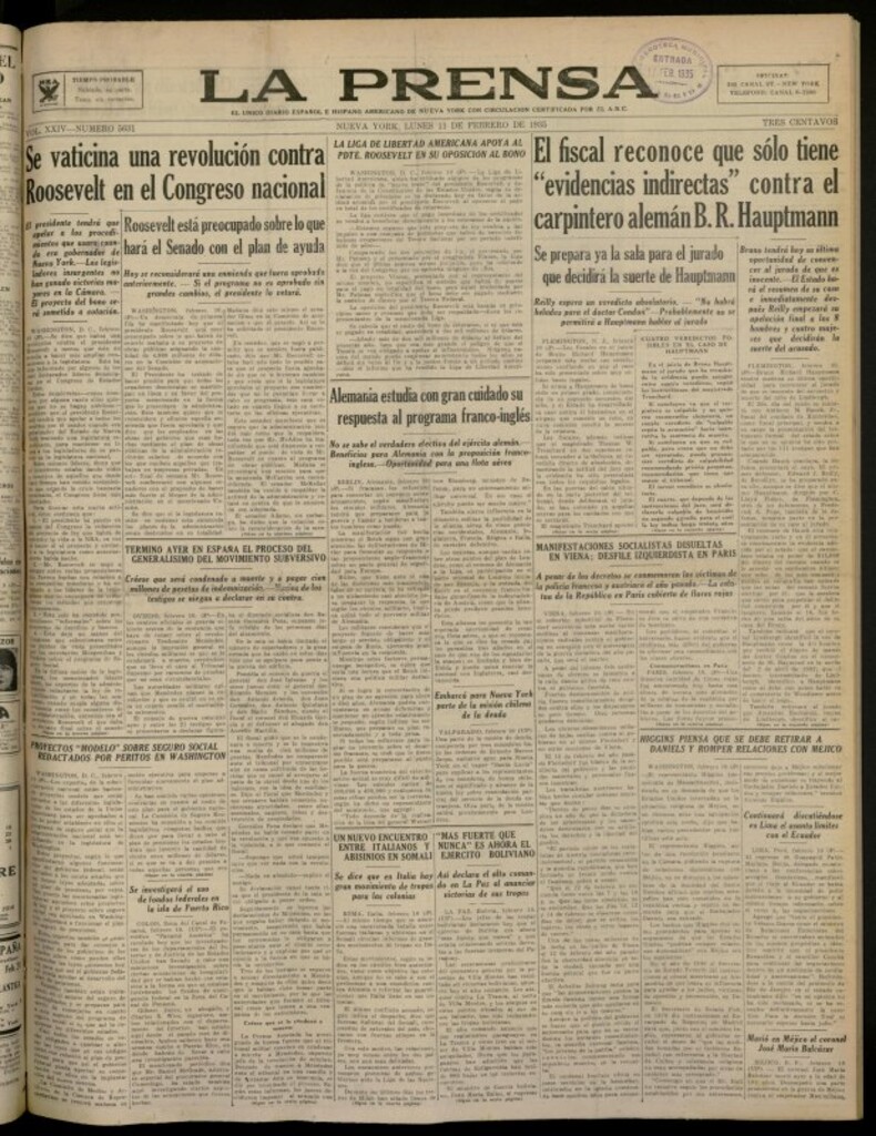 Miniatura de La Prensa: único diario español e hispano americano en Nueva York del 11 de febrero de 1935, nº 5631