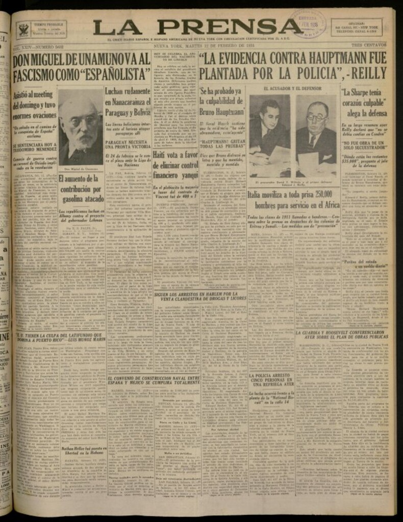 Miniatura de La Prensa,: único diario español e hispano americano en Nueva York de 12 de febrero de 1935, nº 5632