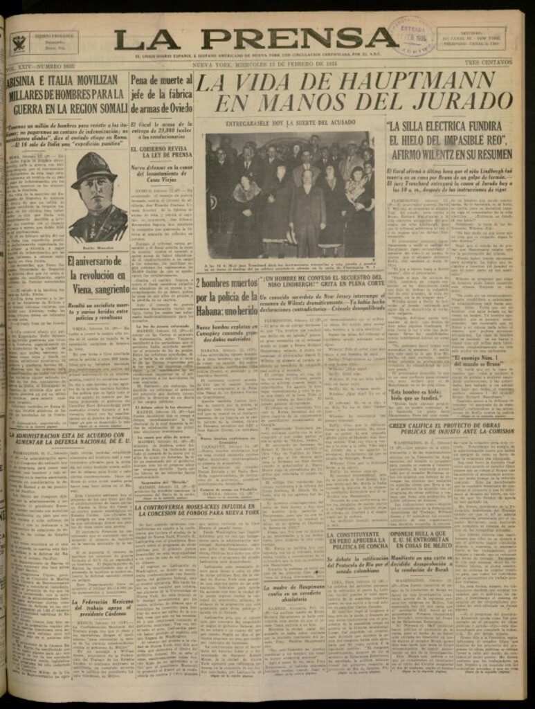 Miniatura de La Prensa: único diario español e hispano americano en Nueva York del 13 de febrero de 1935, nº 5633