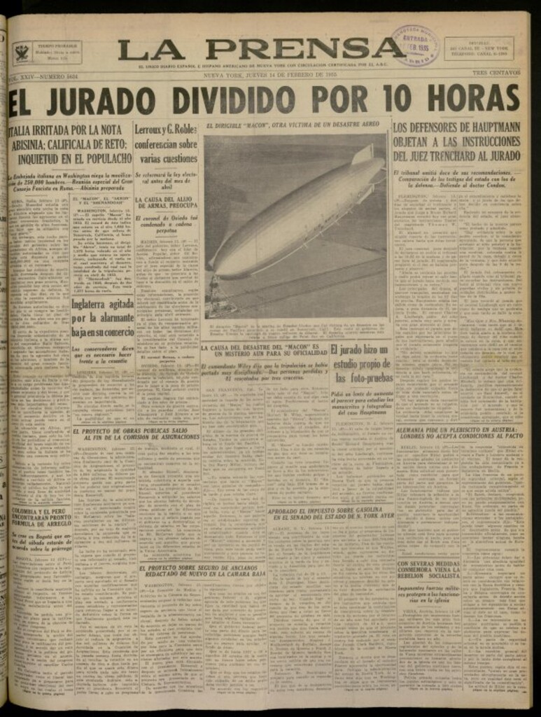 Miniatura de La Prensa: único diario español e hispano americano en Nueva York del 14 de febrero de 1935, nº 5634