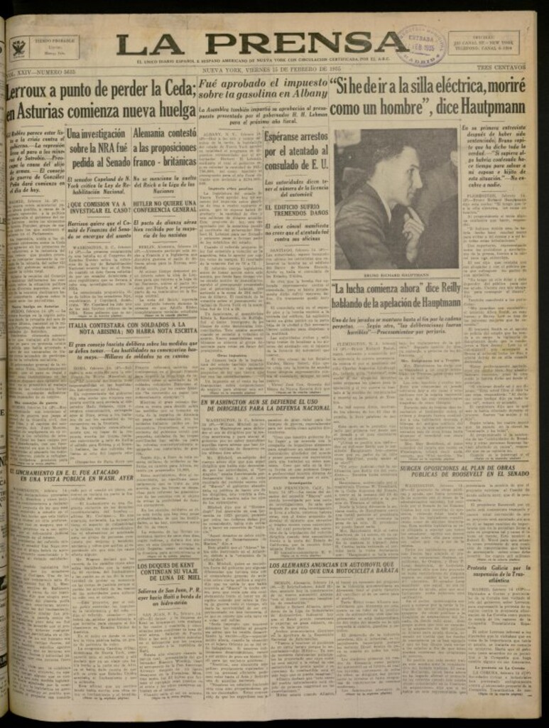 Miniatura de La Prensa: único diario español e hispano americano en Nueva York del 15 de febrero de 1935, nº 5635