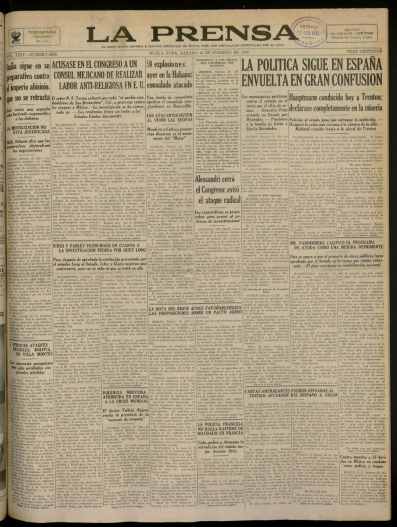 Miniatura de La Prensa: único diario español e hispano americano en Nueva York del 16 de febrero de 1935, nº 5636