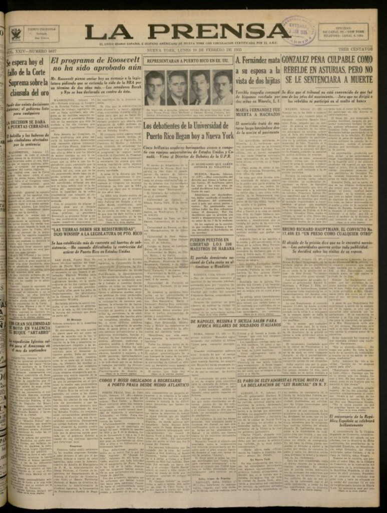 Miniatura de La Prensa: único diario español e hispano americano en Nueva York del 18 de febrero de 1935, nº 5637