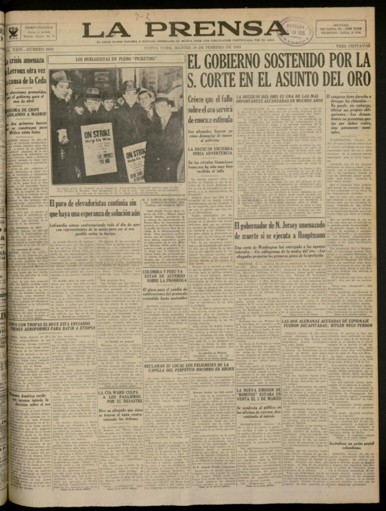Miniatura de La Prensa: único diario español e hispano americano en Nueva York del 19 de febrero de 1935, nº 5638
