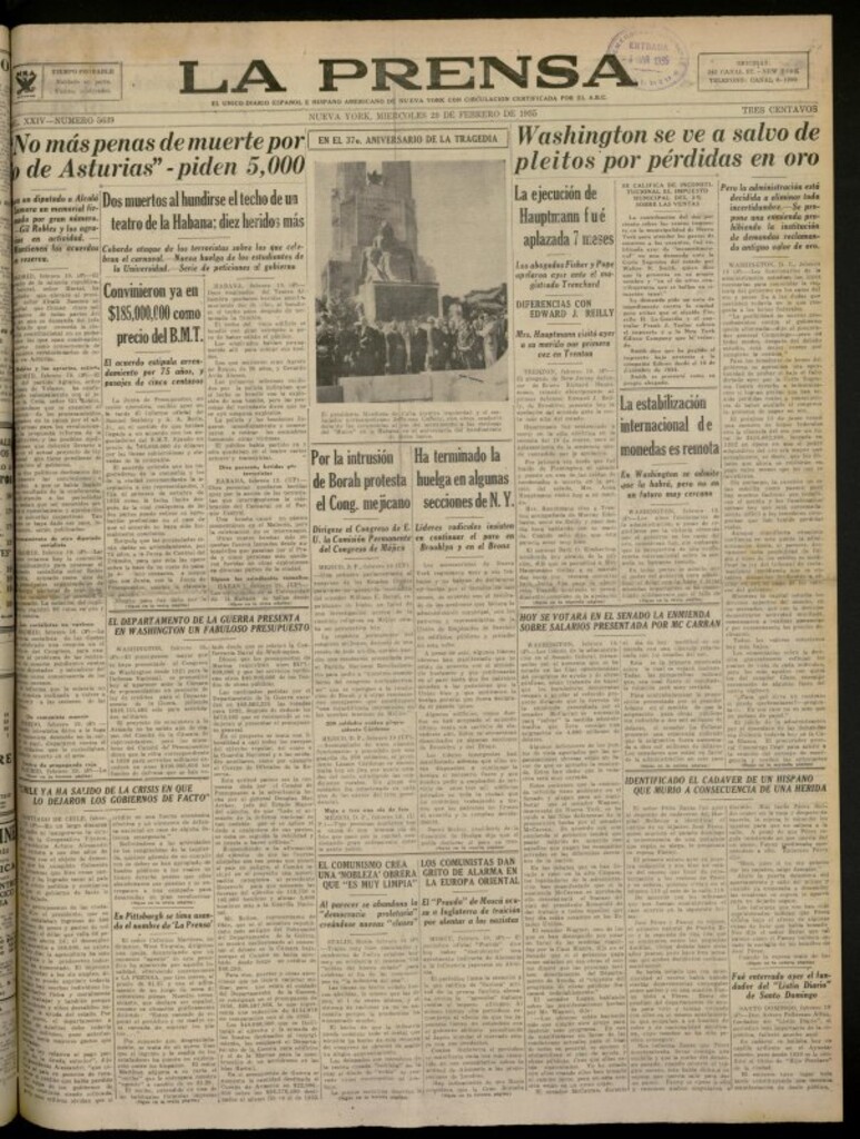 Miniatura de La Prensa: único diario español e hispano americano en Nueva York del 20 de febrero de 1935, nº 5639