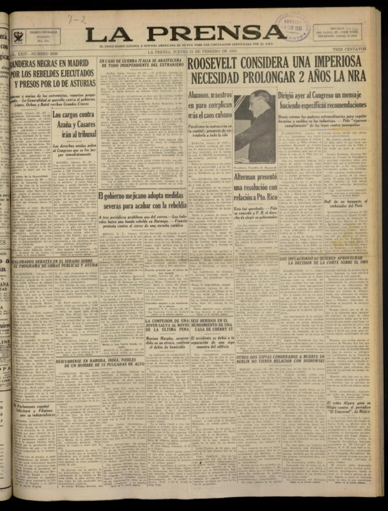 Miniatura de La Prensa: único diario español e hispano americano en Nueva York del 21 de febrero de 1935, nº 5640