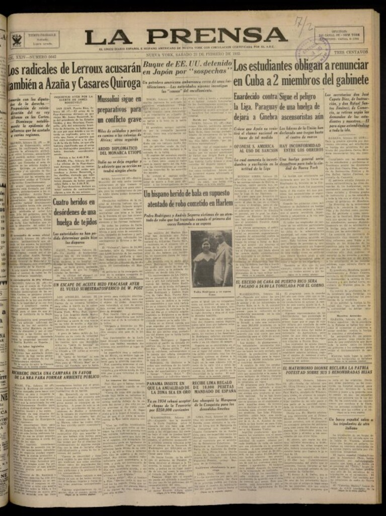 Miniatura de La Prensa: único diario español e hispano americano en Nueva York del 23 de febrero de 1935, nº 5642