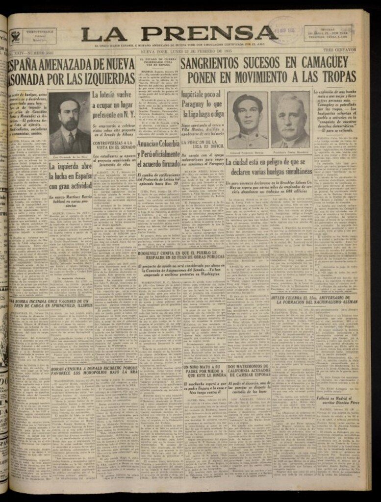 Miniatura de La Prensa: único diario español e hispano americano en Nueva York del 25 de febrero de 1935, nº 5643