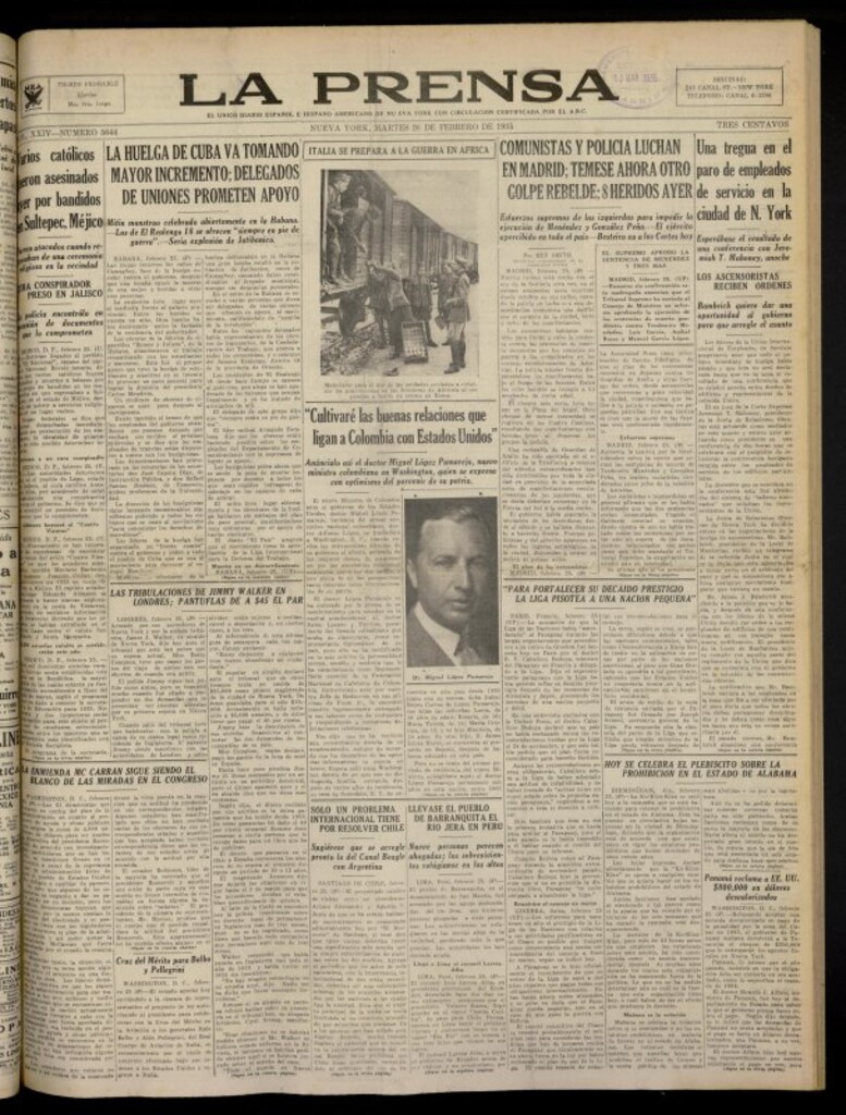 Miniatura de La Prensa: único diario español e hispano americano en Nueva York del 26 de febrero de 1935, nº 5644