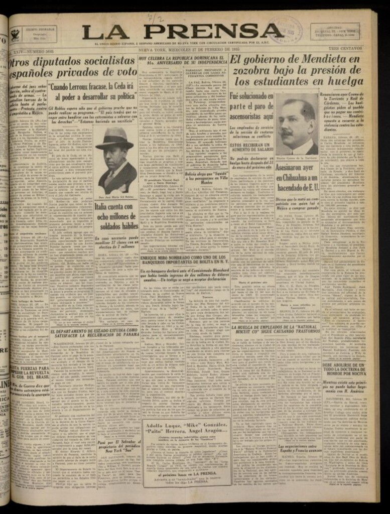 Miniatura de La Prensa: único diario español e hispano americano en Nueva York del 27 de febrero de 1935, nº 5645