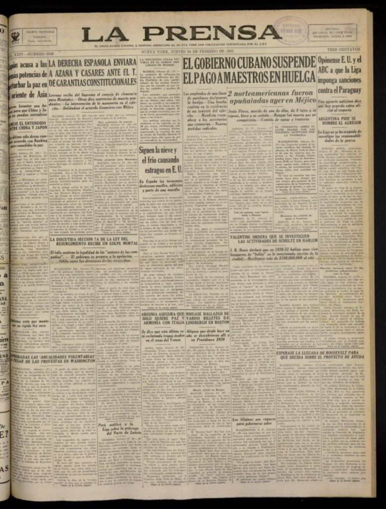 Miniatura de La Prensa: único diario español e hispano americano en Nueva York del 28 de febrero de 1935, nº 5646