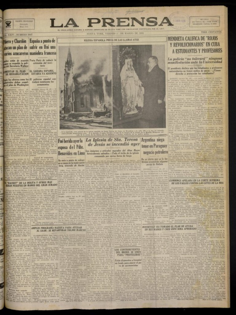 Miniatura de La Prensa: único diario español e hispano americano en Nueva York del 1 de marzo de 1935, nº 5647