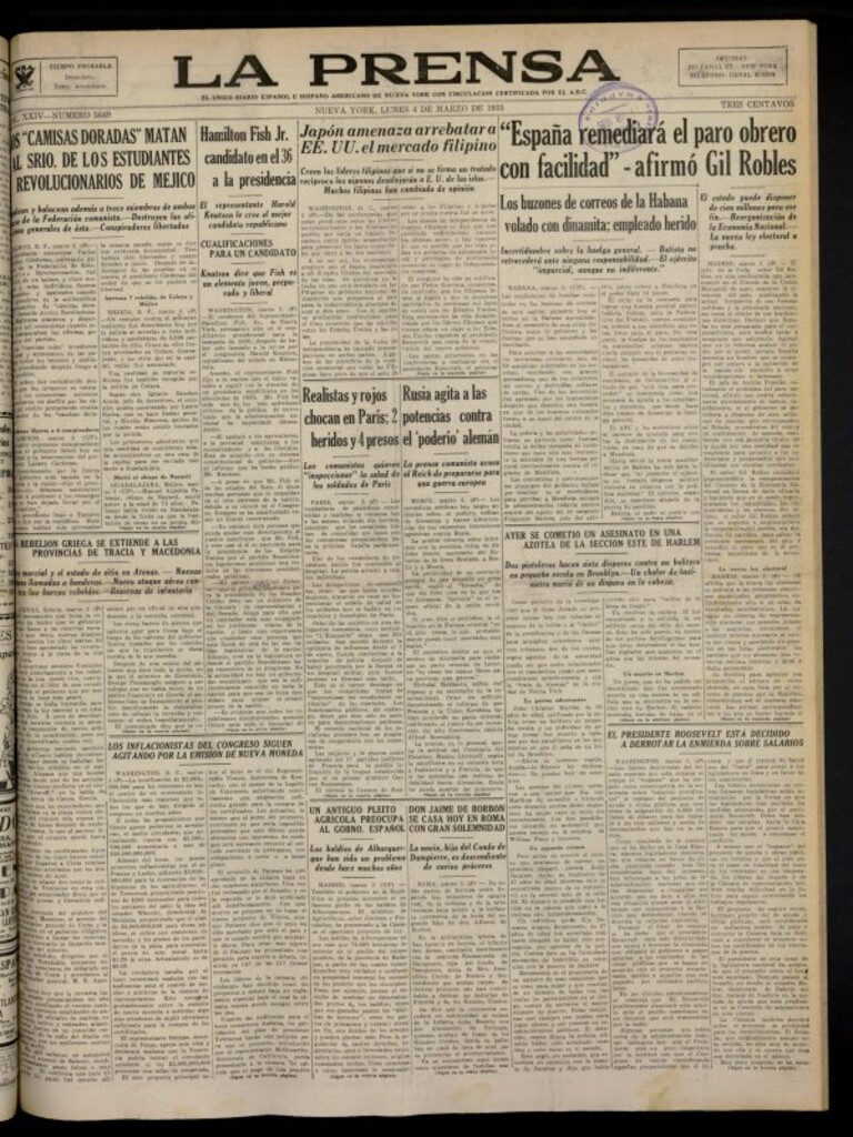 Miniatura de La Prensa: único diario español e hispano americano en Nueva York del 4 de marzo de 1935, nº 5649