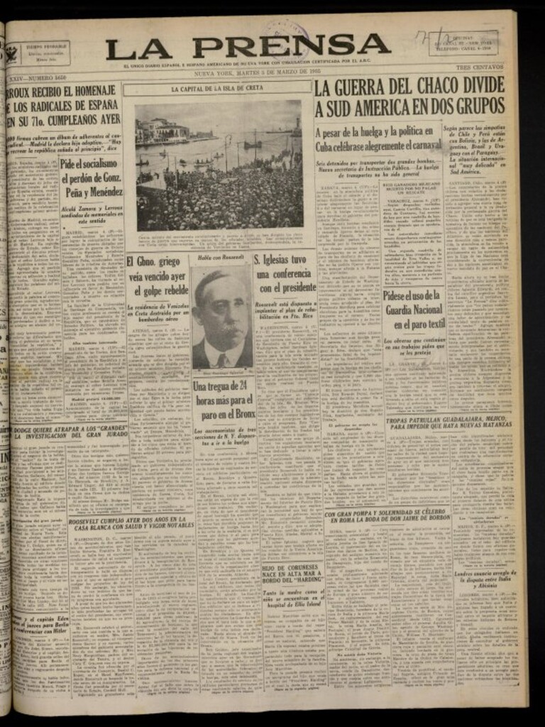 Miniatura de La Prensa: único diario español e hispano americano en Nueva York del 5 de marzo de 1935, nº 5650