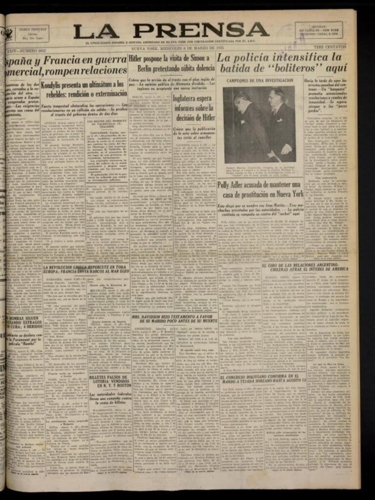 Miniatura de La Prensa: único diario español e hispano americano en Nueva York del 6 de marzo de 1935, nº 5651