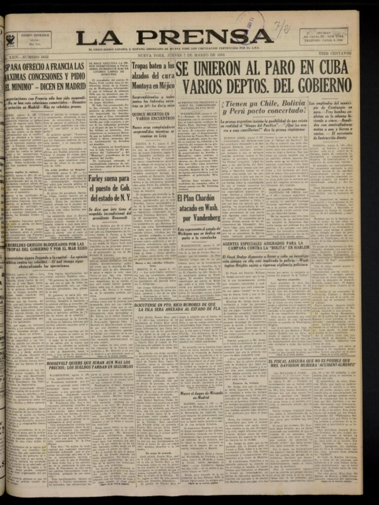 Miniatura de La Prensa: único diario español e hispano americano en Nueva York del 7 de marzo de 1935, nº 5652
