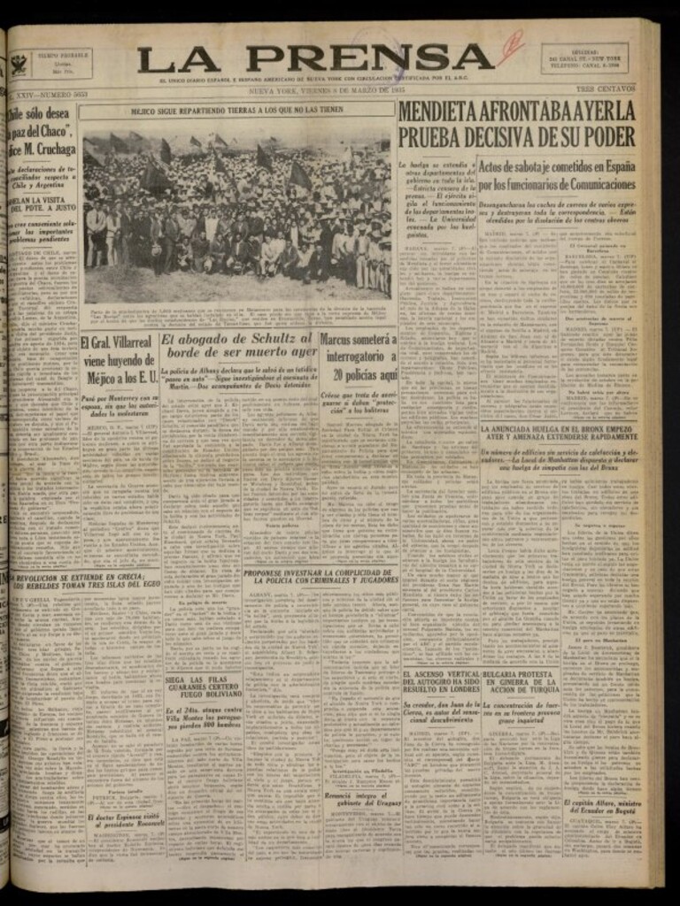 Miniatura de La Prensa: único diario español e hispano americano en Nueva York del 8 de marzo de 1935, nº 5653