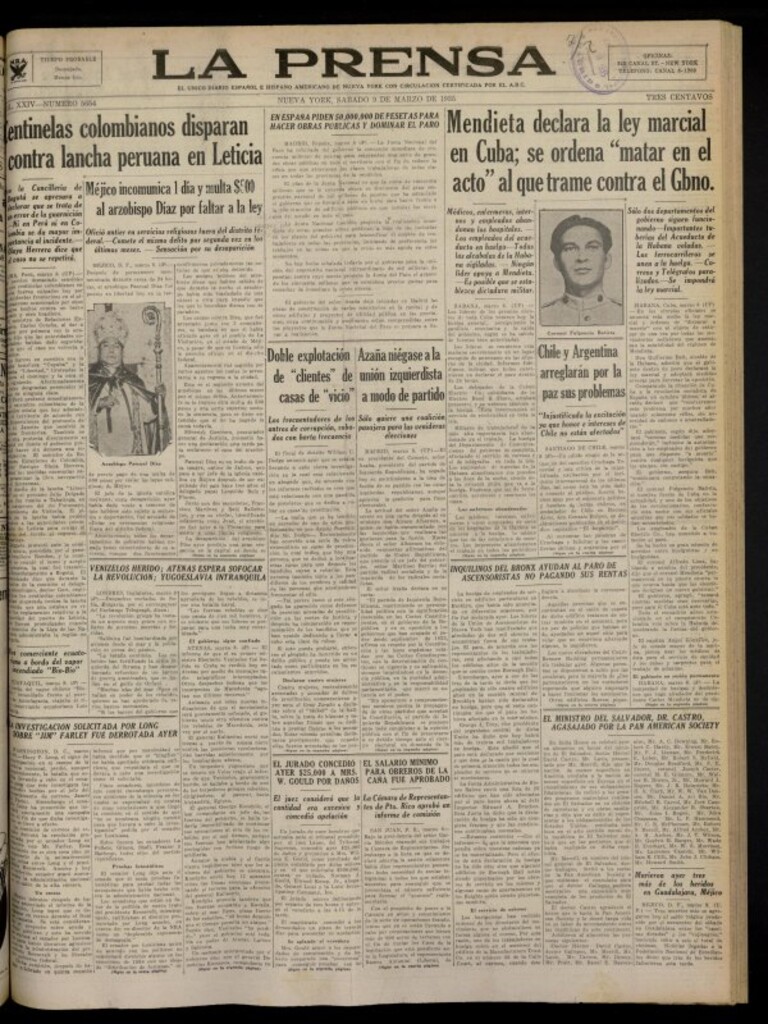 Miniatura de La Prensa: único diario español e hispano americano en Nueva York del 9 de marzo de 1935, nº 5654