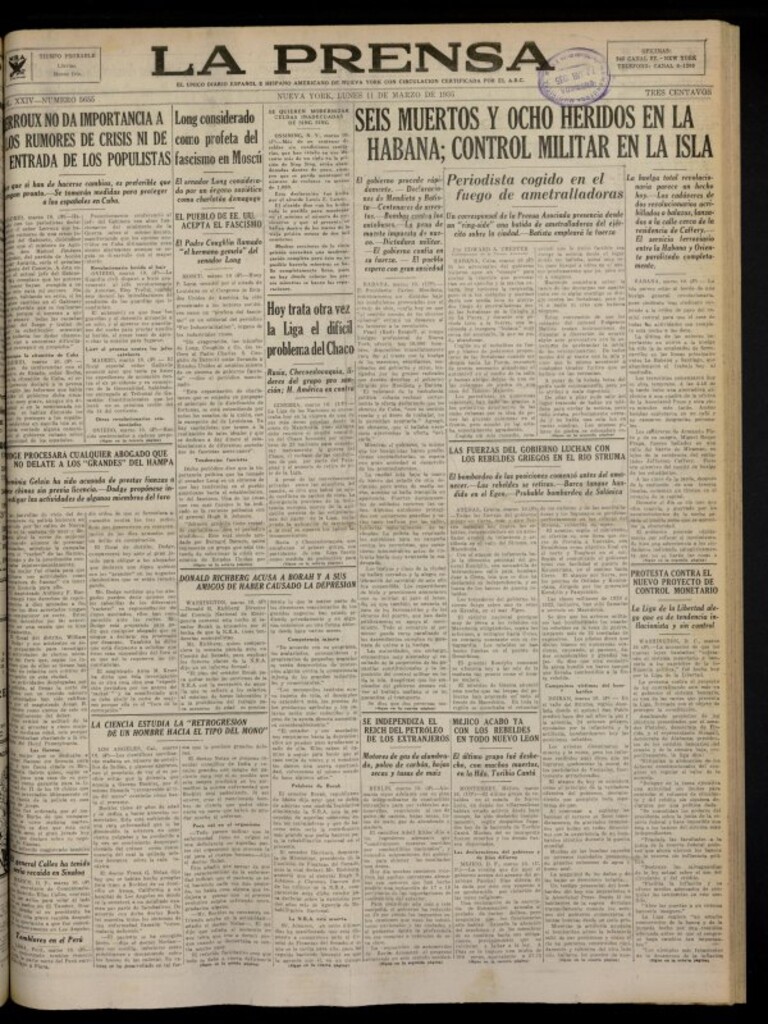 Miniatura de La Prensa: único diario español e hispano americano en Nueva York del 11 de marzo de 1935, nº 5655
