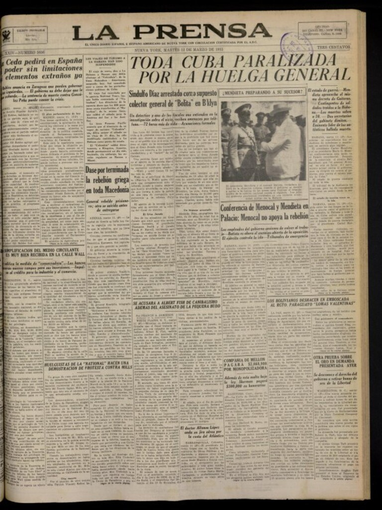 Miniatura de La Prensa: único diario español e hispano americano en Nueva York del 12 de marzo de 1935, nº 5656